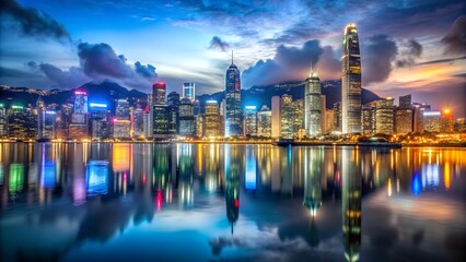 Obraz premium A bustling night scene in Hong Kong with towering skyscrapers and reflections on the water