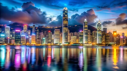 Fototapeta premium A bustling night scene in Hong Kong with towering skyscrapers and reflections on the water