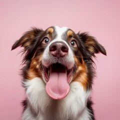 Fototapeta premium Funny and hungry Australian Shepherd licking his lips with his tongue on pink pastel background.