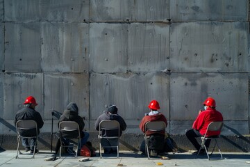 Workers enjoying a break by sitting on chairs outdoors, Scenes of workers enjoying a day off
