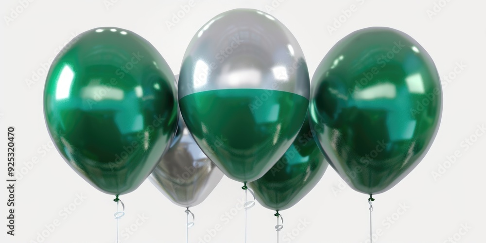 Poster bunch of green balloons on strings in a row