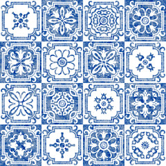 Watercolor seamless pattern of blue tiles with geometrical and floral ornaments in azulejo ceramic style