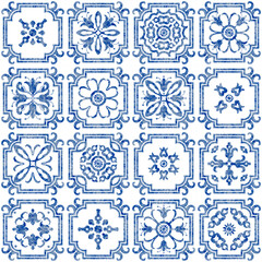 Patchwork seamless pattern of tiles with blue watercolor geometrical and floral ornaments 