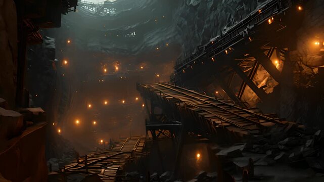 Hot underground mine with machinery for resource extraction. Industrial background with coal mine