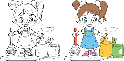 coloring page simple drawing of cartoon character  clean up the house, coloring book 