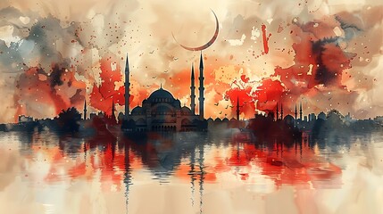 Watercolor Turkish flag, crescent and star rippling gently against a light background with subtle hints of Istanbul’s skyline, including iconic minarets, serene and majestic. --ar 16:9 --v 6.0