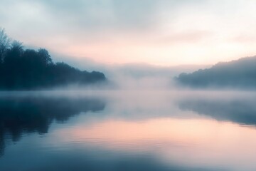 Obraz premium A tranquil lakeside at dawn with soft pastel colors and mist rising from the water