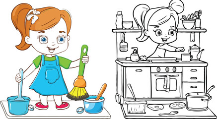 coloring page simple drawing of cartoon character  clean up the house, coloring book 