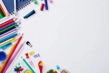Colorful school supplies scattered on a white background with open space, featuring pencils, paper clips, notebooks, and other stationery items in a creative and vibrant layout