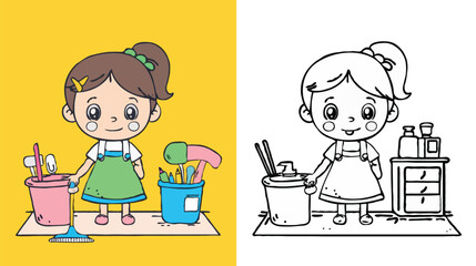 coloring page simple drawing of cartoon character  clean up the house, coloring book 