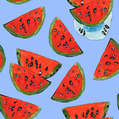 Hand drawn watercolor painting, seamless pattern. Slices of red watermelon on a lavender blue background