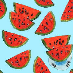 Hand drawn watercolor painting, seamless pattern. Slices of red watermelon on a light blue background