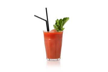Classic Bloody Mary Cocktail with Fresh Celery and Seasoning in a Highball Glass on a White Background