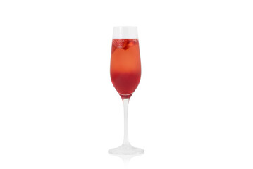 Rossini Cocktail with Strawberry Puree and Prosecco in a Champagne Flute on a White Background
