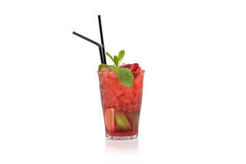 Fresh Raspberry Mojito Cocktail with Mint Garnish and Ice in a Tall Glass on a White Background