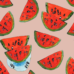 Hand drawn watercolor painting, seamless pattern. Slices of red watermelon on a beige pink background