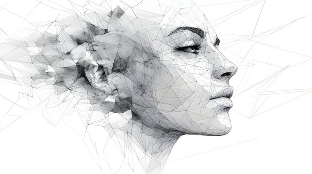 A minimalist, abstract representation of a human face formed by geometric lines and shapes.