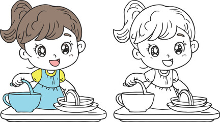 coloring page simple drawing of cartoon character  clean up the house, coloring book 