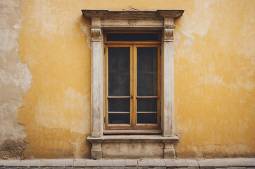 vintage window in old house , vintage window in yellow wall of vintage house