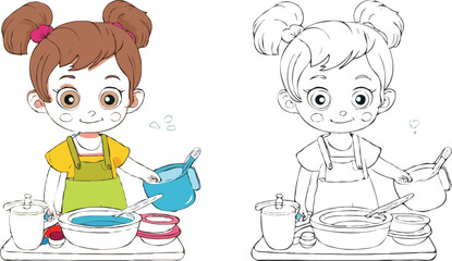 coloring page simple drawing of cartoon character  clean up the house, coloring book 