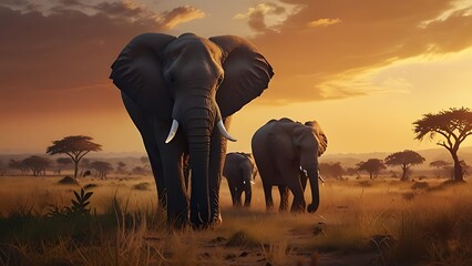 Obraz premium elephants walking through the savanna at sunset