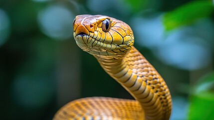 Obraz premium A close-up of a snake with yellow scales and a black eye, looking at the camera with its mouth slightly open.