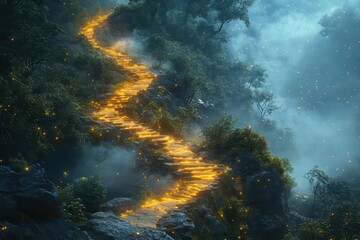 Fototapeta premium mystical mountain path winding trail through misty forest leading to glowing peak ethereal light floating particles otherworldly atmosphere