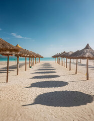 Fototapeta premium Sunny beachscape with straw umbrellas casting shadows on sand