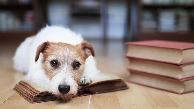 Face of a cute smart jack russell terrier dog as learning from books and looking. Pet iq, intelligence background.