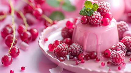 Delectable dessert with pink berries very closely