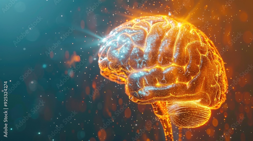 Poster glowing human brain with rays of light in dark space, symbolizing intelligence and advanced technolo
