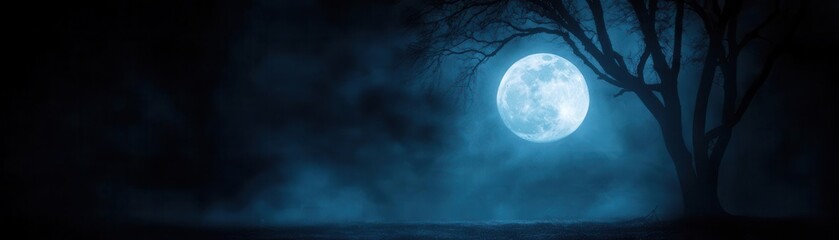A haunting moonlit night with a large, luminous moon casting an eerie glow through misty clouds and silhouetted trees.