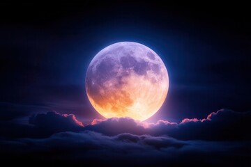 A mesmerizing full moon shines brightly over dark clouds, creating a serene and mystical night sky atmosphere.