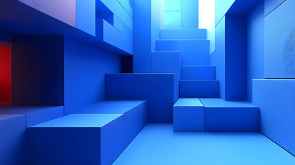 A modern, abstract space featuring blue geometric shapes and stairs.