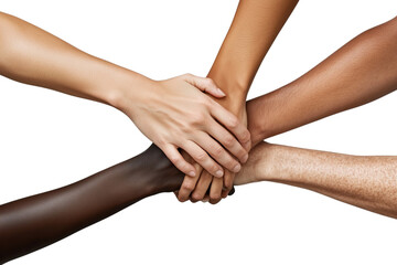 photorealistic photo of multiple hands holding each other in the center, isolated on a transparent background