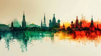 Fototapeta premium Design a watercolor scene with the Russian flag subtly blending into the Moscow skyline, showcasing the silhouette of the iconic Kremlin and the colorful domes of St. Basil's Cathedral,