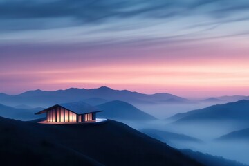 A serene modern house perched on a hilltop, surrounded by misty mountains at sunset, showcasing stunning colors and tranquility.
