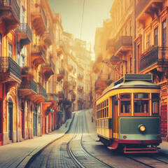 Obraz premium Vibrant street scene with a classic tram under golden sunlight