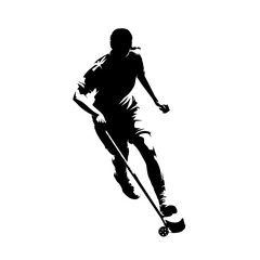 Floorbal player logo, woman playing floorball,  isolated vector silhouette, ink drawing