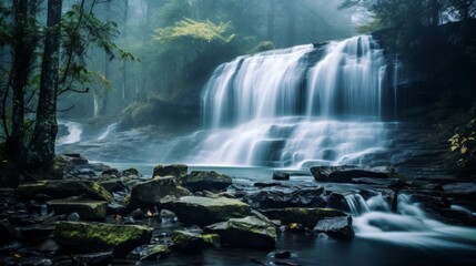 Beautiful waterfall on foggy river in evening landscape scene. Neural network ai generated art