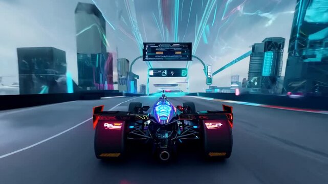 Racing Car on Futuristic Track During a Competitive Event Generative AI