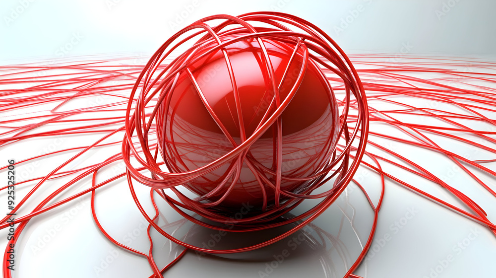 Poster a red sphere entangled in red lines, creating a dynamic visual effect.