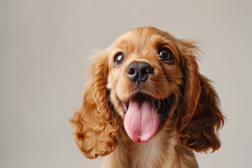 A happy and smiling young cocker spaniel puppy with floppy ears, breathing deeply.
