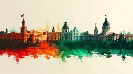 Fototapeta premium Design a watercolor scene with the Spanish flag subtly blending into the Madrid skyline, showcasing the silhouette of the iconic Royal Palace and the bustling Puerta del Sol,
