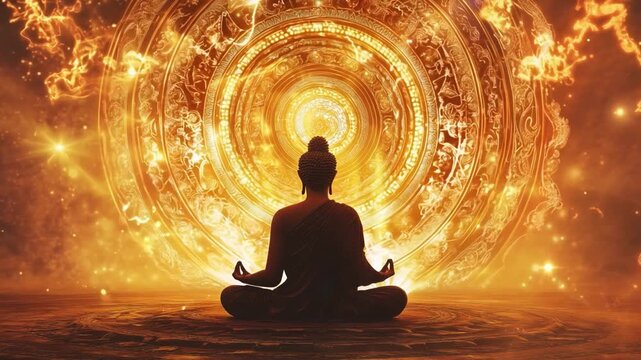A serene figure of Buddha sits cross-legged, meditating in a warm, radiant light with intricate mandala patterns around.