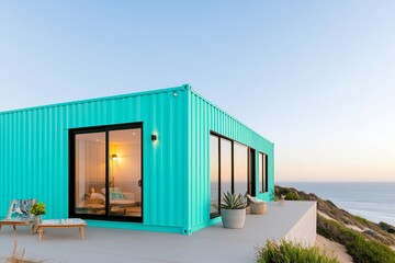 Fototapeta premium coastal shipping container home with a bright blue exterior, perched on a cliffside overlooking the ocean