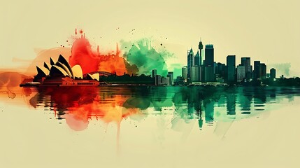 Fototapeta premium Develop a watercolor illustration of the Australian flag in soft hues, with the silhouette of Sydney’s landmarks, including the Sydney Opera House and Harbour Bridge,
