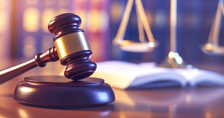 Gavel and Scales of Justice on Wooden Table with Open Book in Blurred Background - Law and Studies Concept with Copy Space for Text

