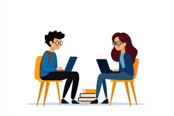 Two students working collaboratively on laptops, surrounded by books. Ideal for educational and workspace themes.