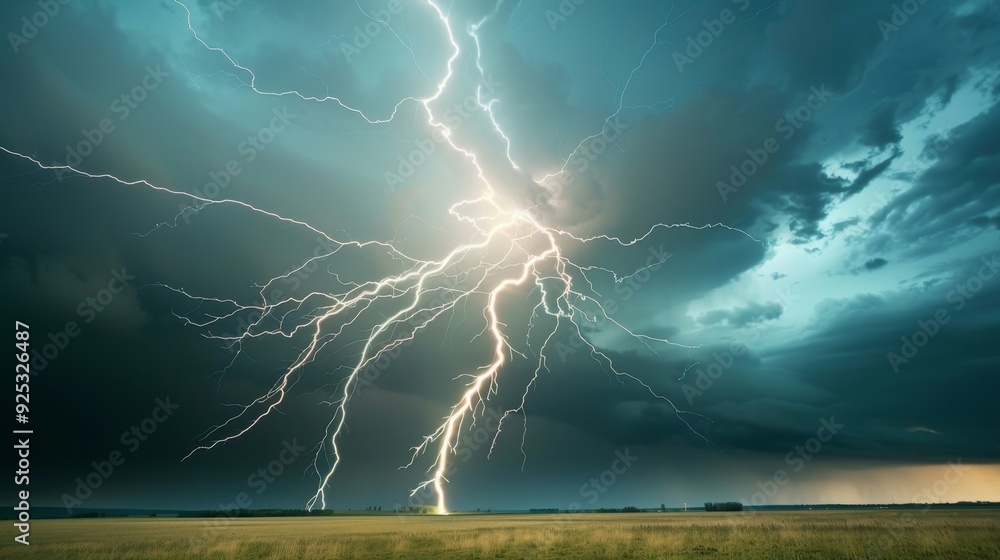 Wall mural a stormy sky with lightning bolts and a field of grass